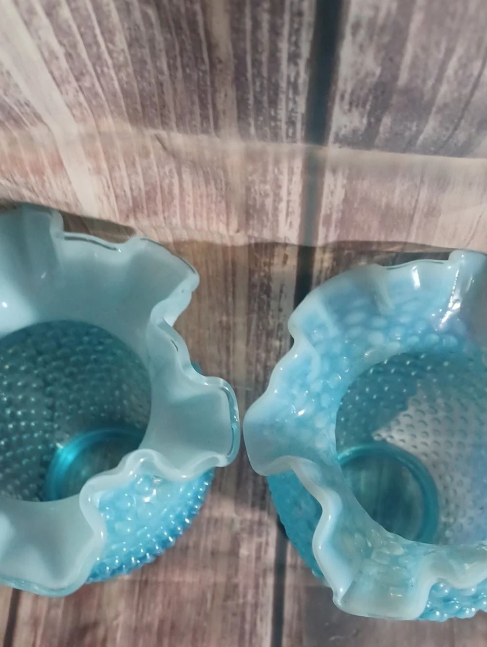 (2))Vintage Fenton Blue Hobnail Vase Crimp Ruffled Edges
